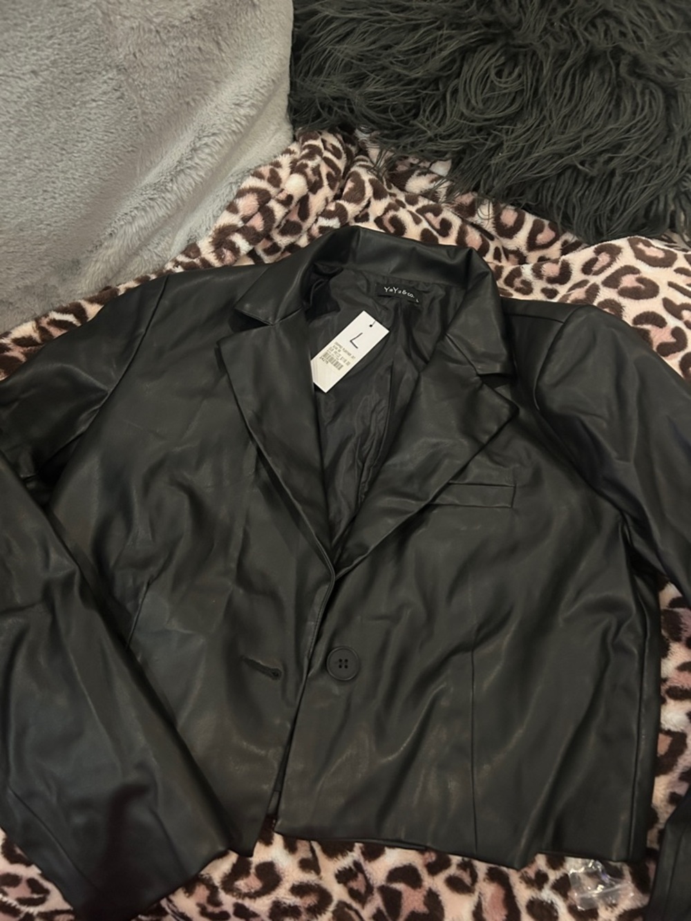 Black Faux Leather Cropped Blazer Jacket -